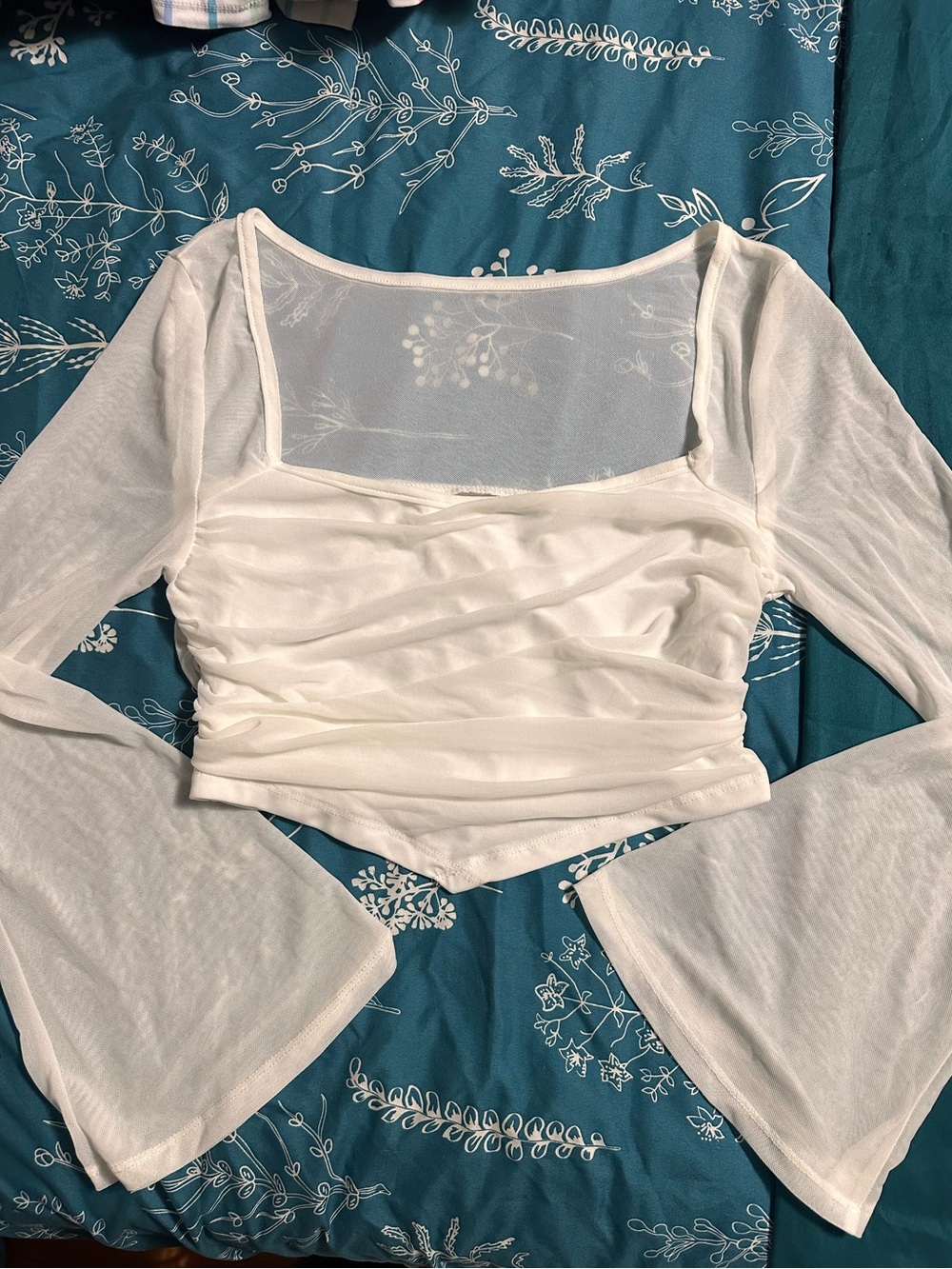 Sheer Long-Bell Sleeve Ruched Crop Top